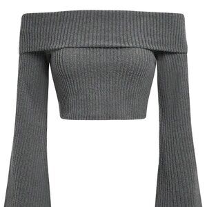 Y2K Cropped Sweaters Women Fold Over Off Shoulder Sweaters Bell Sleeve Crop Top